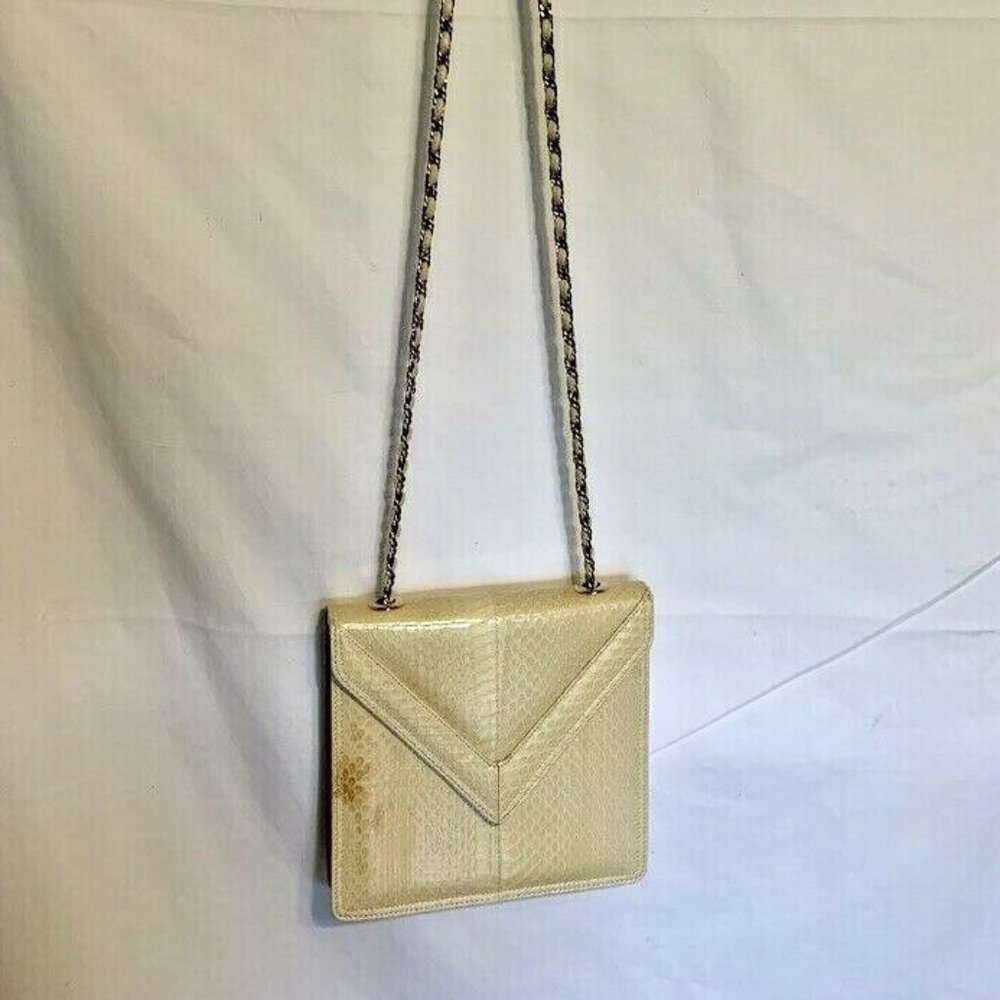 Saks Fifth Ave Ivory Genuine Snake Envelope Chain Crossbody Evening Purse